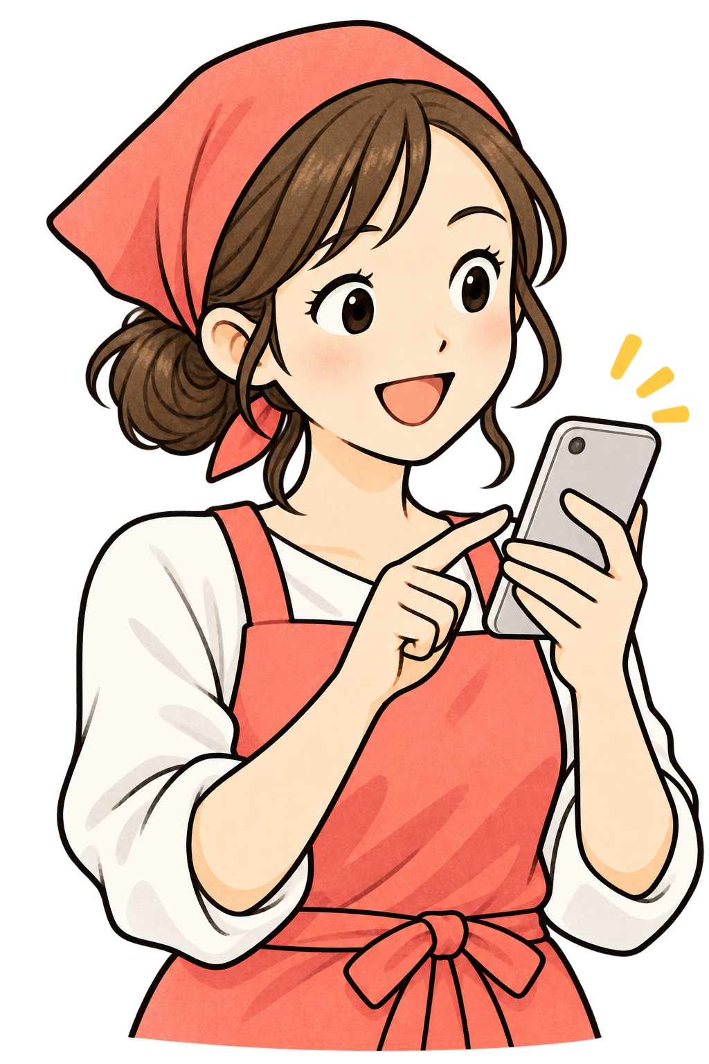 スマートフォンを操作する、エプロン姿の飲食店オーナーの上半身イラスト